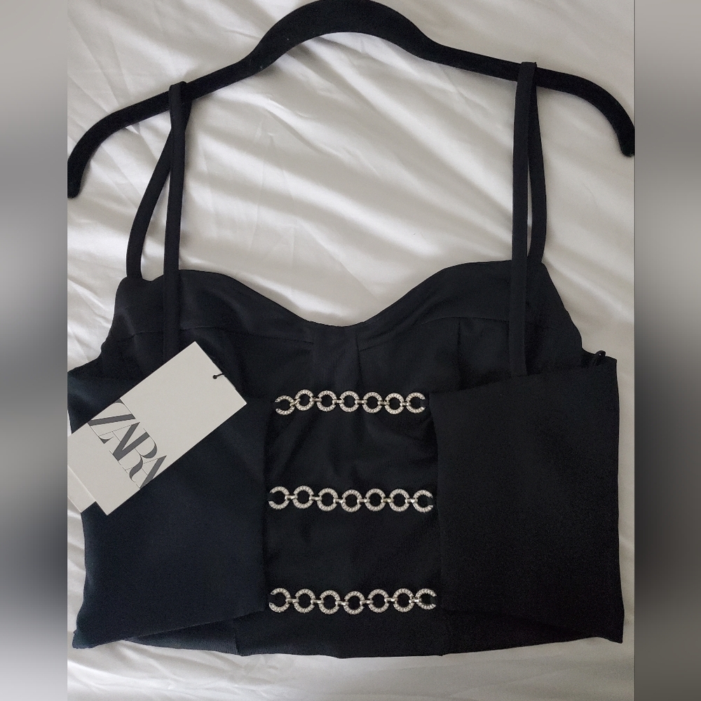 Zara Black Corset Top with Chain Detail Size Small NWT